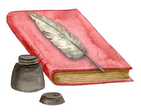 Красная книга с пером и чернильницей акварель рисованной иллюстрации ...