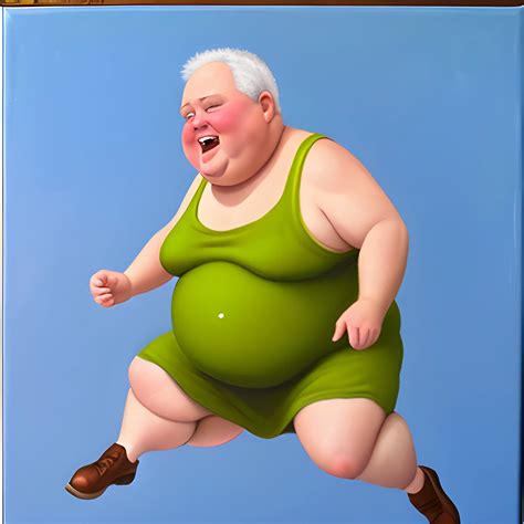 Old fat man jumping with mini dress, Oil Painting - Arthub.ai