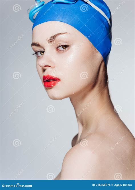 Woman in Cap and Goggles for Swimming Naked Shoulders Model Portrait