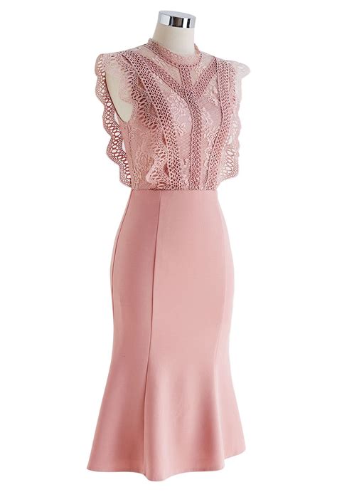 Crochet Lace Spliced Sleeveless Mermaid Dress in Pink - Retro, Indie