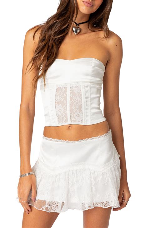 Edikted Lex Satin & Lace Corset Top in White | Lyst