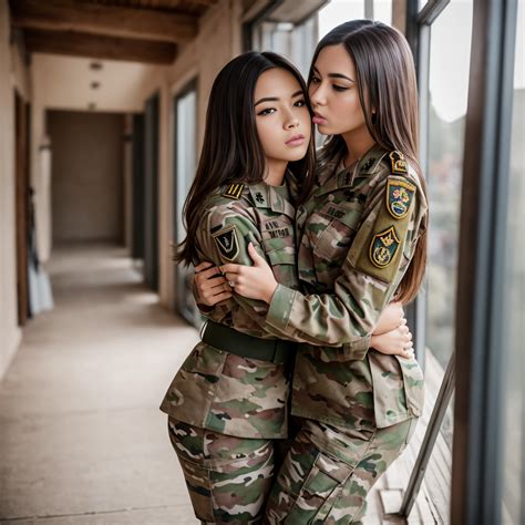 軍服を着た二人の女性が廊下で抱き合っている - SeaArt AI
