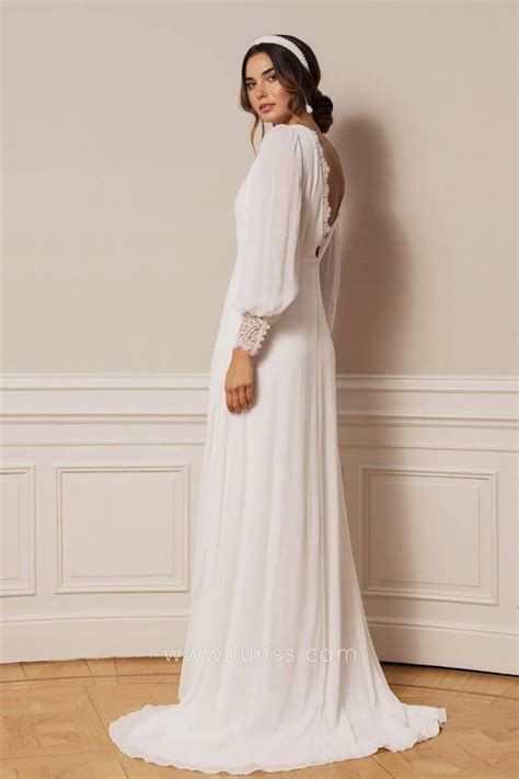 Long Bishop Sleeve A-line Chiffon Rustic Wedding Dress - Lunss