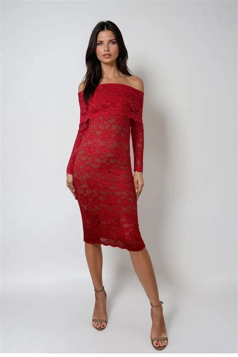 CAILEY RED LACE BARDOT MIDI DRESS WITH NUDE SLIP – Honor Gold