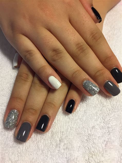Black grey silver white gel nails | White gel nails, Gray nails, Black