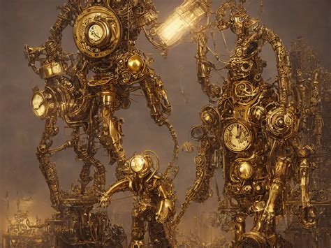 a render of a giant clockwork man made of brass and | Stable Diffusion