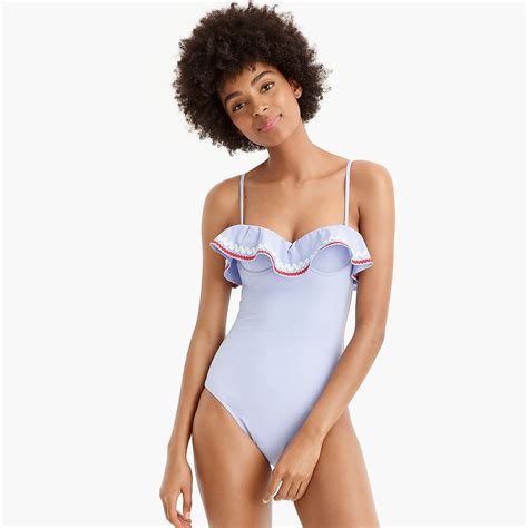 Ruffle underwire one-piece swimsuit in piqué nylon with rickrack trim