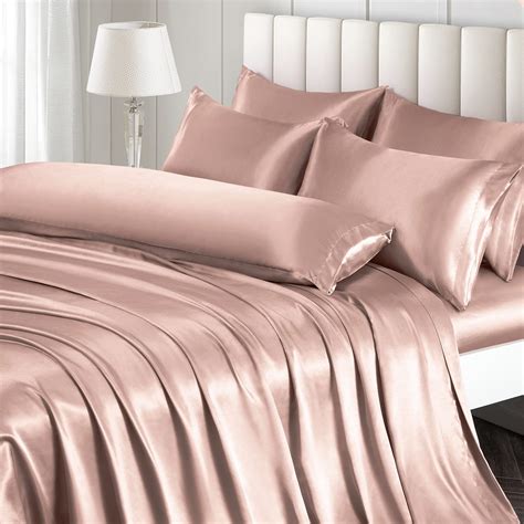 ersmak  pieces satin sheets set queen size luxury silky champagne