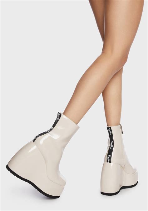 Shellys London Patent Vegan Leather Platform Wedge Boots - Cream ...