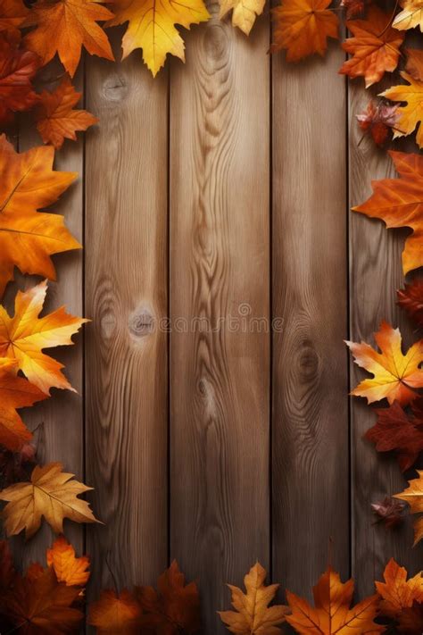 Fall Leaves Border on Dark Wooden Surface, Generative AI Stock Image ...