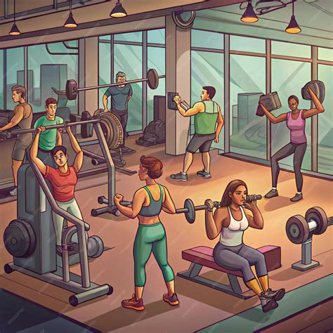 A cartoon of people exercising in a gym with the words quot gym quot on