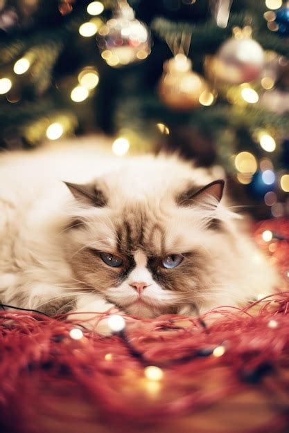 Premium AI Image | Grumpy cat under Christmas tree with glitter lights