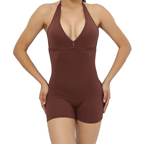 Womens Cute Workout Rompers Halter V Neck Backless Unitard Bodysuit