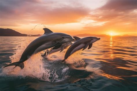 Premium AI Image | dolphins jumping out of water at sunset