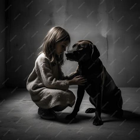 Premium AI Image | a girl and a dog in a dark room with a black background.