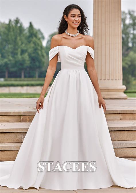 A-line Princess Satin Wedding Dress Off-the-Shoulder Court Train with