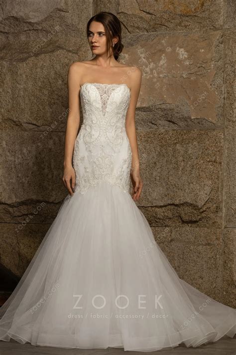 Modern Beaded Geometric Lace Tulle Trumpet Bridal Gown - ZOOEK