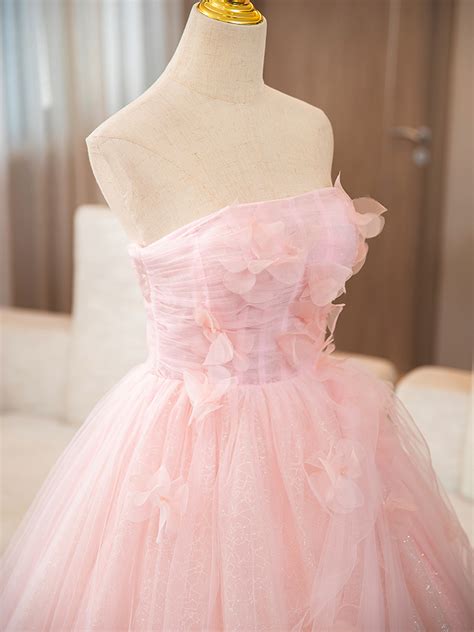 Pink Tulle Strapless Pleats Flower Quinceanera Dress