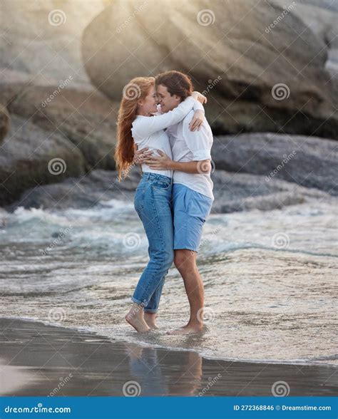 Love, Hug and Happy with Couple at Beach for Romance, Relax and