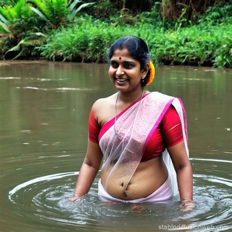 kerala woman  transparent saree bathing stable diffusion