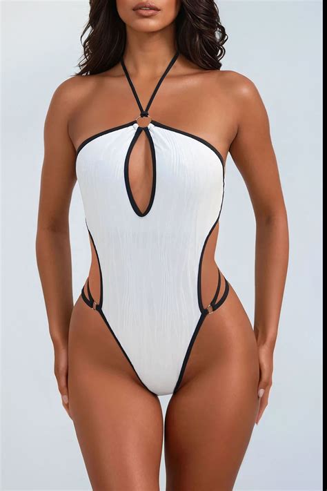 Miriam Textured Cutout Halter 1 Piece Swimsuit Monokini - White/Black