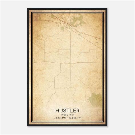 Vintage Hustler Wisconsin Map Poster, Hustler WI City Road Wall Art