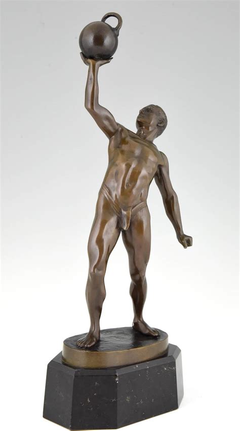 Antique Sculpture of a Male Nude Athlete with dumbbell by Peleschka
