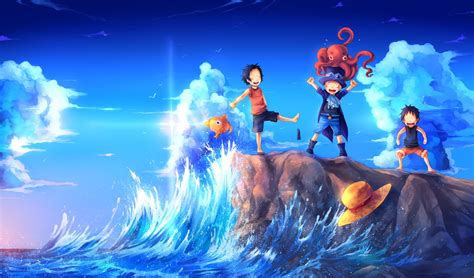 Wallpaper : anime boys, rock, hat, fish, waves, octopus, lens flare