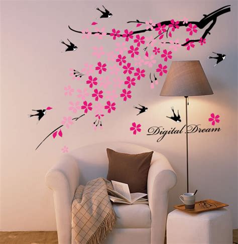 Bird and Flower Wall Sticker AY936 Pink Floral Wall Paper PVC Removeable Wall Decal – Online ...