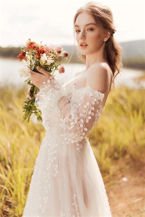 Leaf Lace Wedding Dresses Lantern Sleeve Boho Charming Engagement Noiv