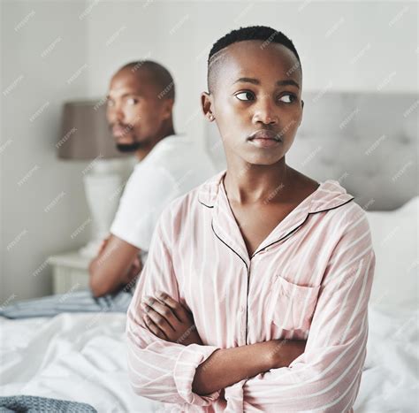 Stress depression and marriage black couple on bed in home angry after