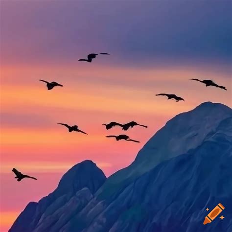 Sunset view of ravens flying over a mountain on Craiyon