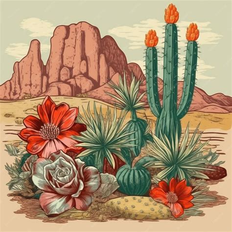 Premium AI Image | A drawing of a desert scene with cactus plants and ...