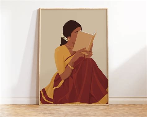 Indian Women in Saree Reading Book Art, Boho Art, Desi Art, Indian Book