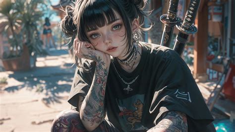 Anime Girl Tattoo Katana 4K #7383a Wallpaper 4K PC