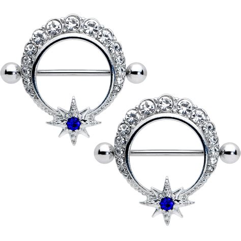 14G 3/4 Clear Blue Gem Evening Star Nipple Shield Set