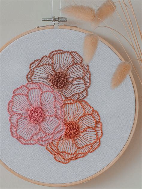 Hand embroidery pattern trio of blooms colorful detailed flowers