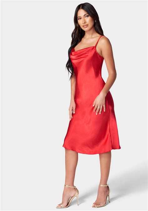 Satin Cowl Neck Slip Midi Dress | bebe
