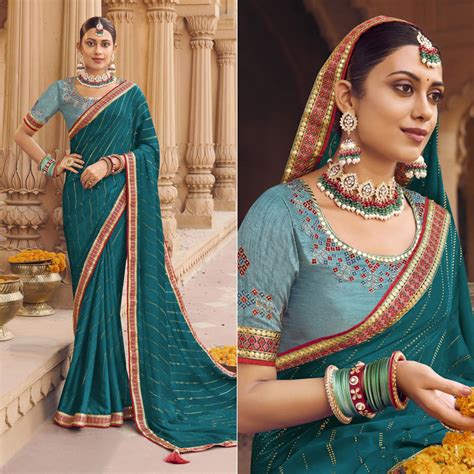 teal blue embellished  embroidered border satin saree