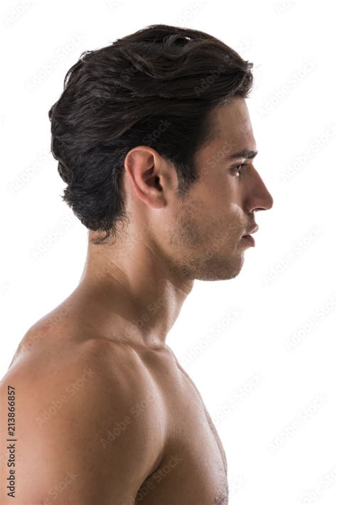 profile shot  handsome shirtless athletic young man  jeans