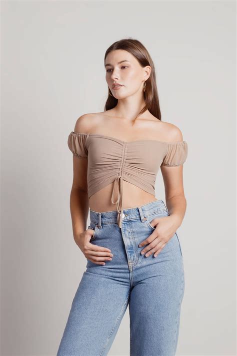 Nude Puff Sleeve Top - Mesh Crop Top - Ruched Puff Sleeve Top
