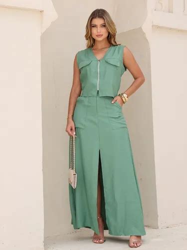 Blusa E Saia Para Festa - Conjunto Saia Longa Blusa Elegante Social Festa Chique Fenda | Frete grátis