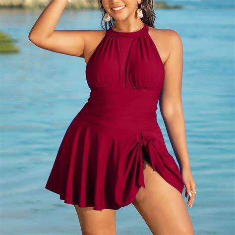 FDGIU Vintage V-Neck Ruched Swimdress One Piece Swim Skirt with High