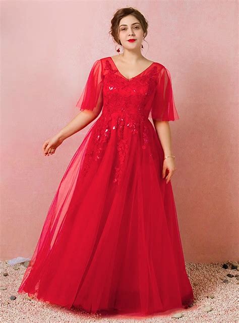 Plus Size Red Tulle Floor Length Scoop Neck Prom Dress