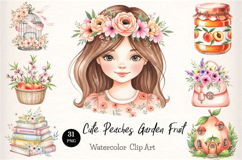 Watercolor Cute Peaches Garden Fruit Png Graphic by WatercolorArt