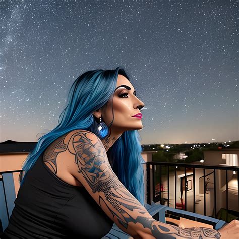 A latina girl with blue hair, with tattoos, Sitting on a porch