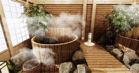 Onsen room interior with wooden bath and decoration wooden japanese