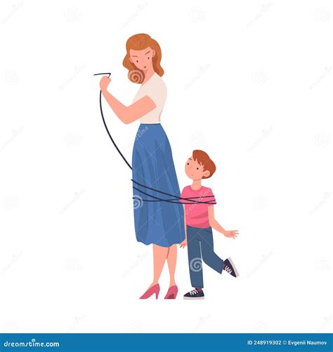 Woman Mother Tied with Rope Her Little Son As Problematic Communication