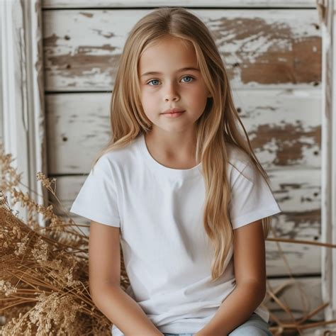 Premium Photo | Child model posing in white tshirt mockup background