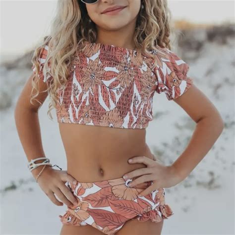 Oopsie Daisy Girls Tan Tropical Rash Guard Swim - Ruffle Me This